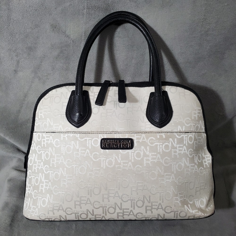 🥳 HP Kenneth Cole LG Zippered Hand Bag Tote Off White Logo Fabric w/Blac